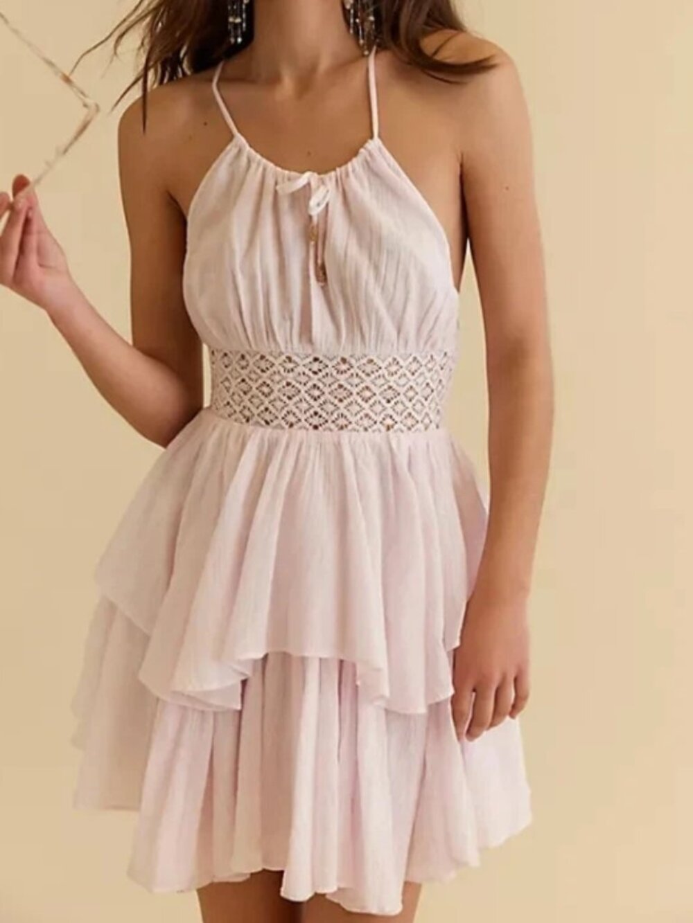 Free People Free Est Whisper Waves Mini Dress Pink Crochet L